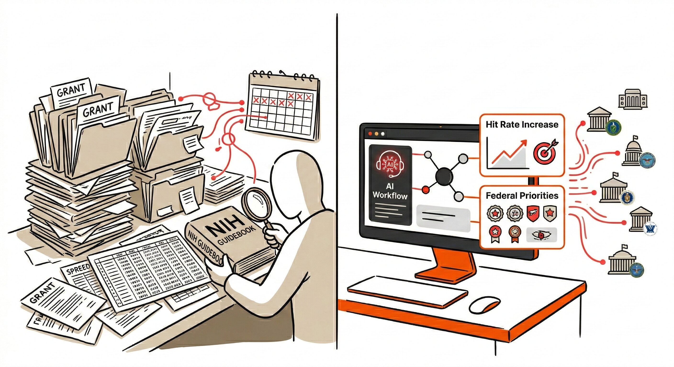 Split-screen infographic contrasting legacy paperwork with a modern AI dashboard