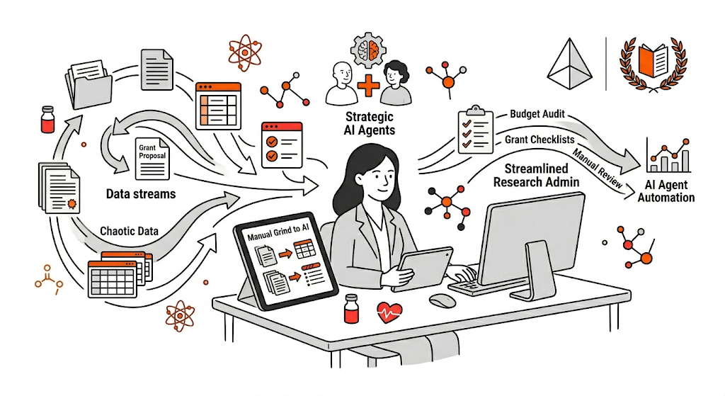 Notion-style editorial illustration: Erika Cottingham at Auburn University leading research administration transformation through strategic AI agents, modern workspace, papers and data flows becoming streamlined, minimal institutional iconography, lots of whitespace, calm neutral palette.