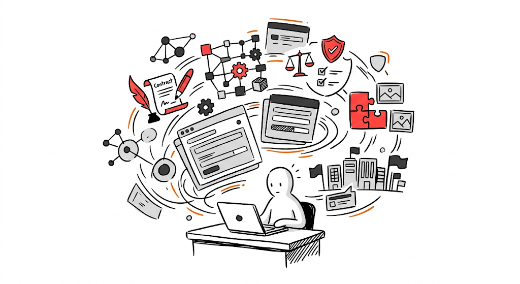 Notion-style illustration showing the collision of proposal development elements: sponsored language, budget architecture, compliance, narrative framing, institutional priorities swirling together in a workspace, minimal icons, lots of whitespace, neutral palette.