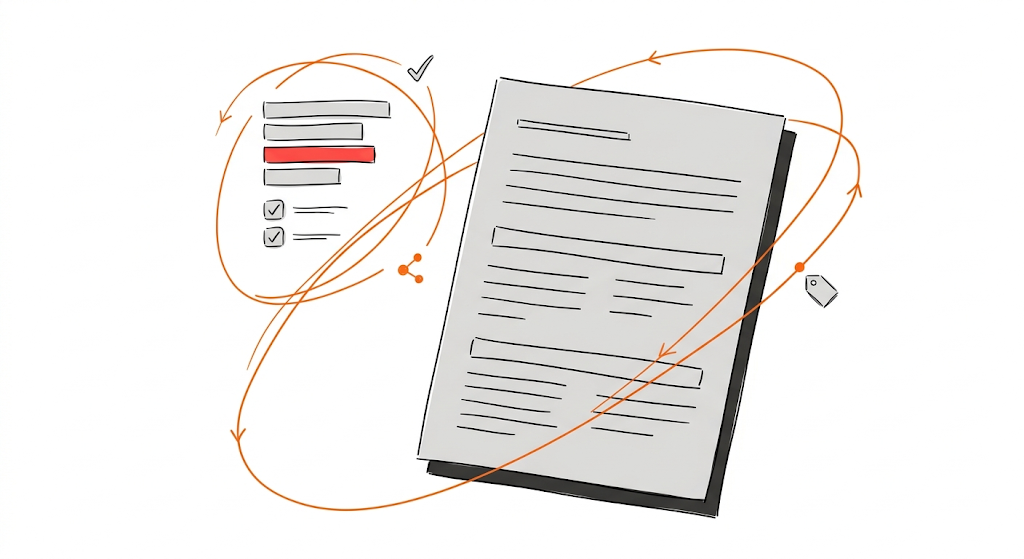 Notion-style editorial blog illustration, refined and detailed but still minimal: dominant focal element is a large right-leaning document panel with clean narrative lines; secondary cluster in upper-left shows compact budget bars and checklist chips; flowing #fe6400 orbit lines wrap around both clusters to imply alignment and iteration, plus 2-3 tiny accent icons (checkmark, dot node, tag). No people, no text labels. Flat 2D vector, white background, thin black linework, light gray fills, #333333 depth, high negative space, balanced asymmetrical composition.