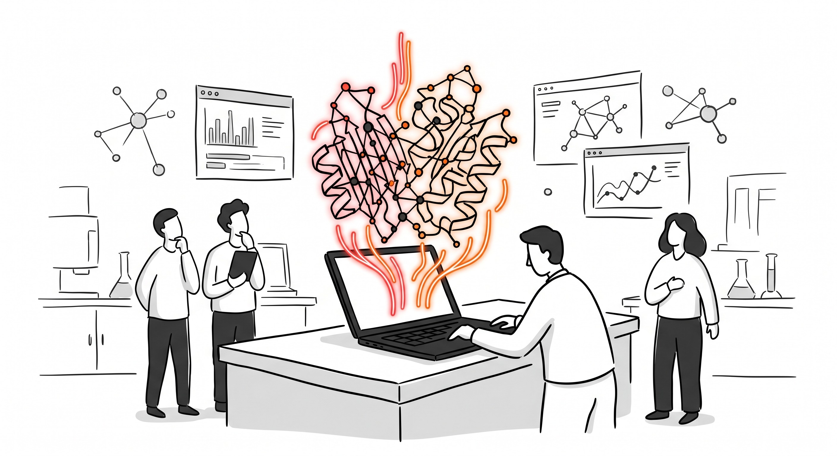A high-tech digital rendering of a complex protein structure glowing with neon data streams, hovering above an open laptop in a modern laboratory, illustrating AI's role in understanding biology.