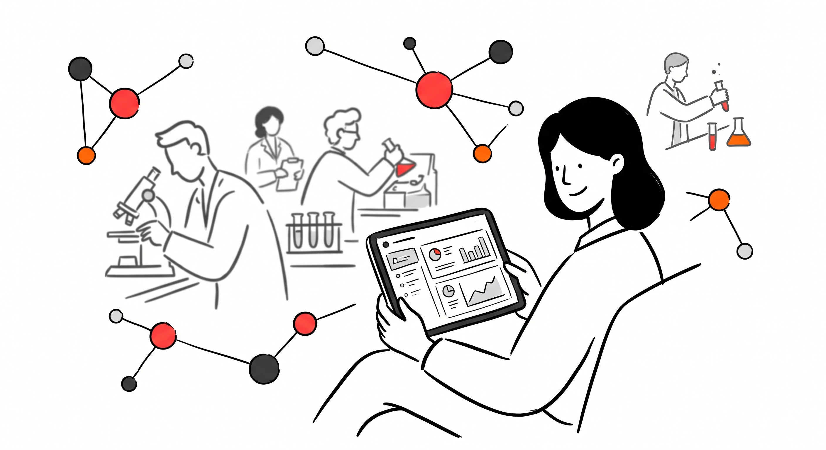 A modern hospital or university research administrator smiling comfortably while reviewing a streamlined data dashboard on a tablet, with out-of-focus researchers busy in a laboratory setting behind them.
